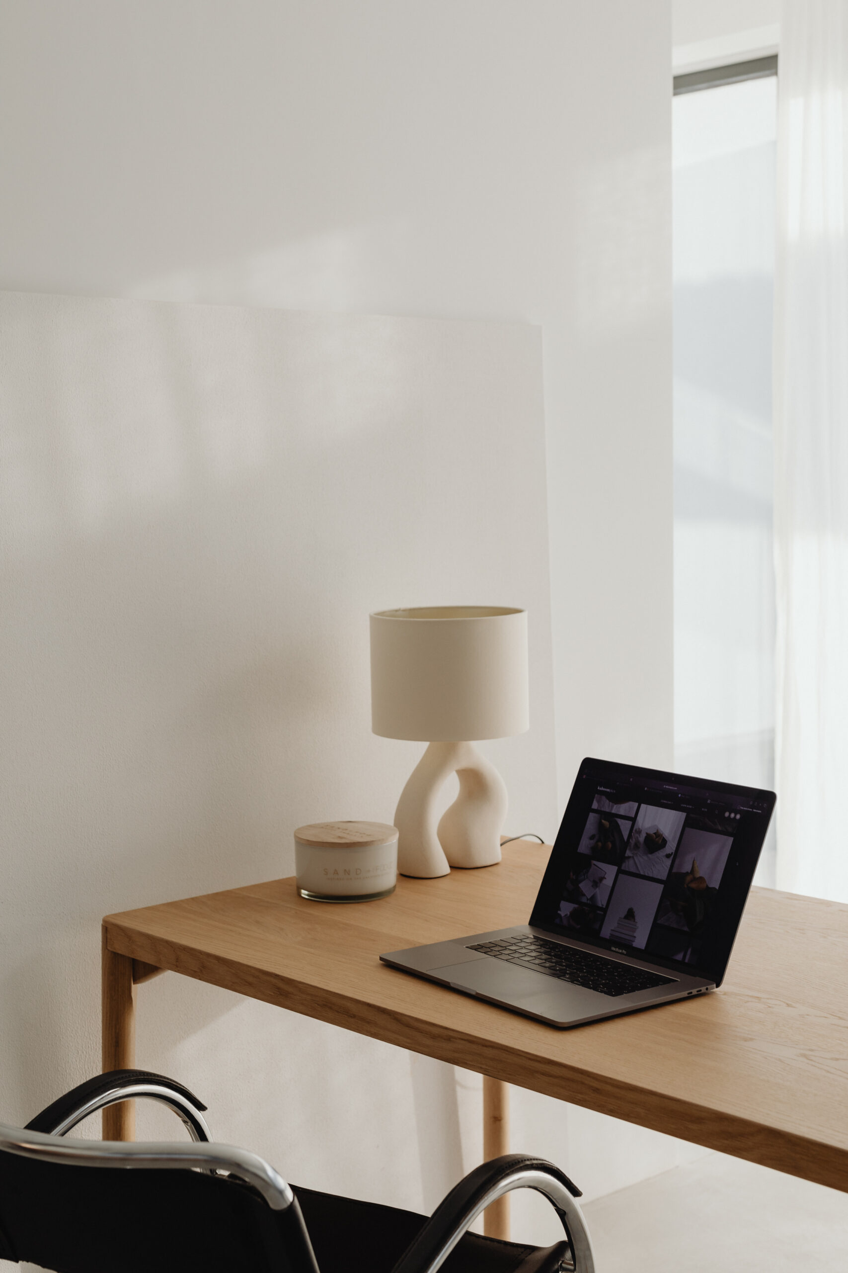 studio pure wooden desk laptop home office minimalist warm minimal